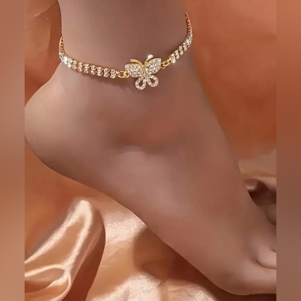 Gold Butterfly Anklet with Rhinestones